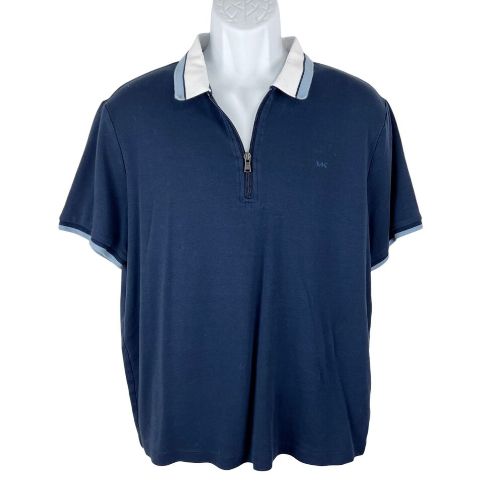 Michael Kors Polo Shirt Men Large Blue Zip Collared Short Sleeve Cotton Tee